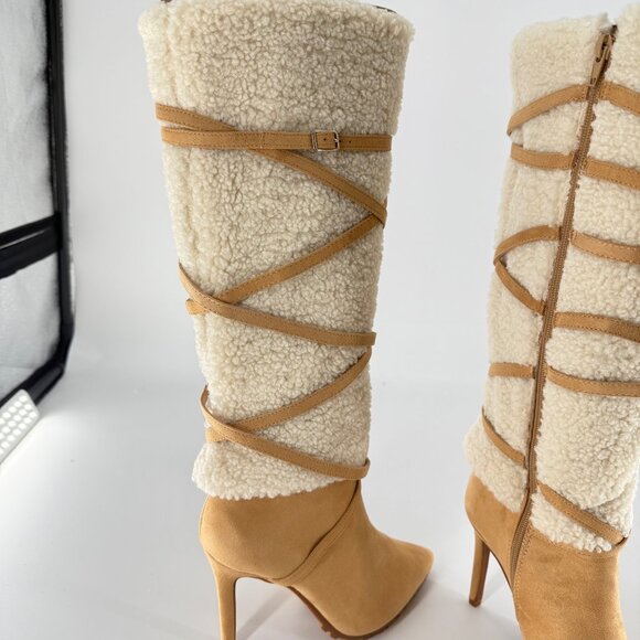 Thalia Sodi Tan Suede & Faux Fur Knee-High Heeled Boots, 7.5 - Picture 9 of 11